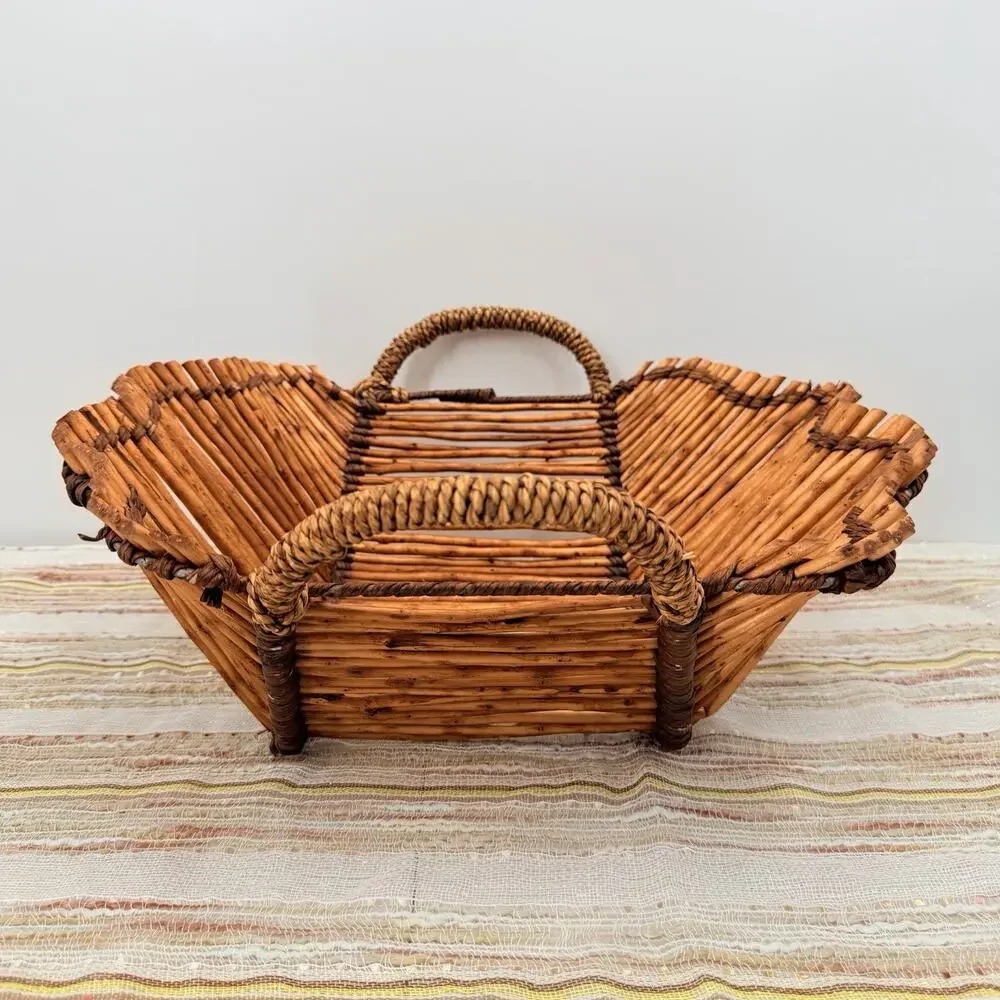 Vintage Bamboo Wood Woven Bread Fruit Basket Table Centerpiece Handles 14.5
